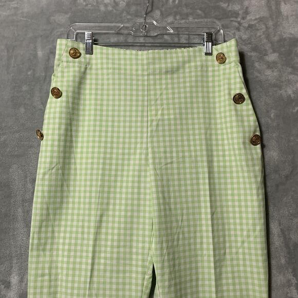 Zara Pants Womens Large Green Gingham Check Gold Button High Rise Pockets Retro - Picture 6 of 16